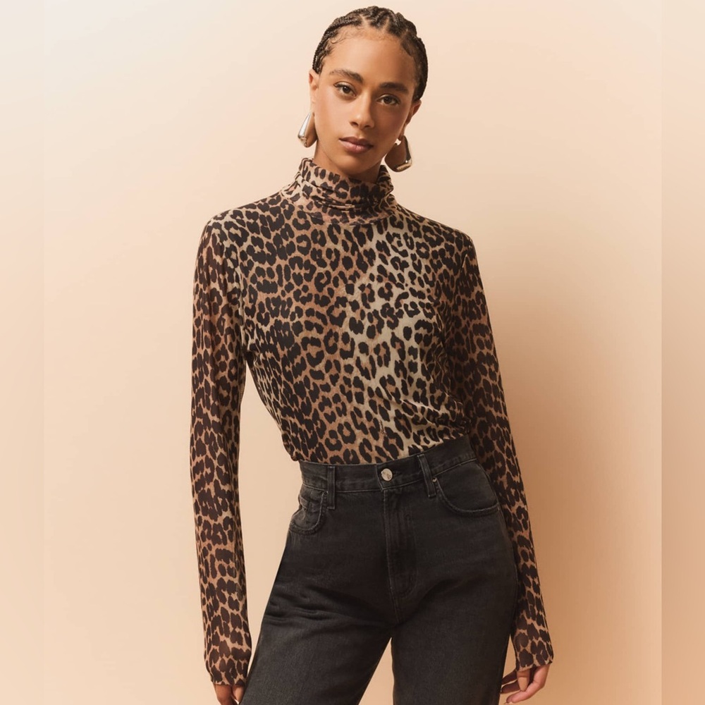 Ganni Leopard Print Mesh Turtleneck